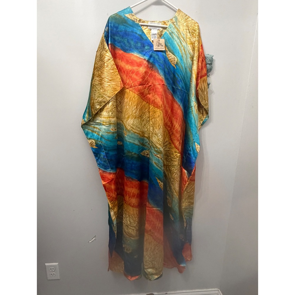 Winlar Womens Abstract Coastal Landscape Maxi Kaftan Caftan Dress OSFM NWT